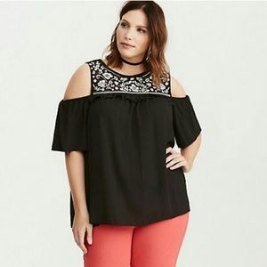 Torrid Embroidered Mesh Cold Shoulder Top